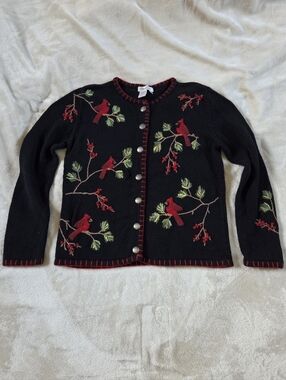 Vtg 90s Coldwater Creek Black Granny Cardigan Cardinal Embroidery Womens Small
